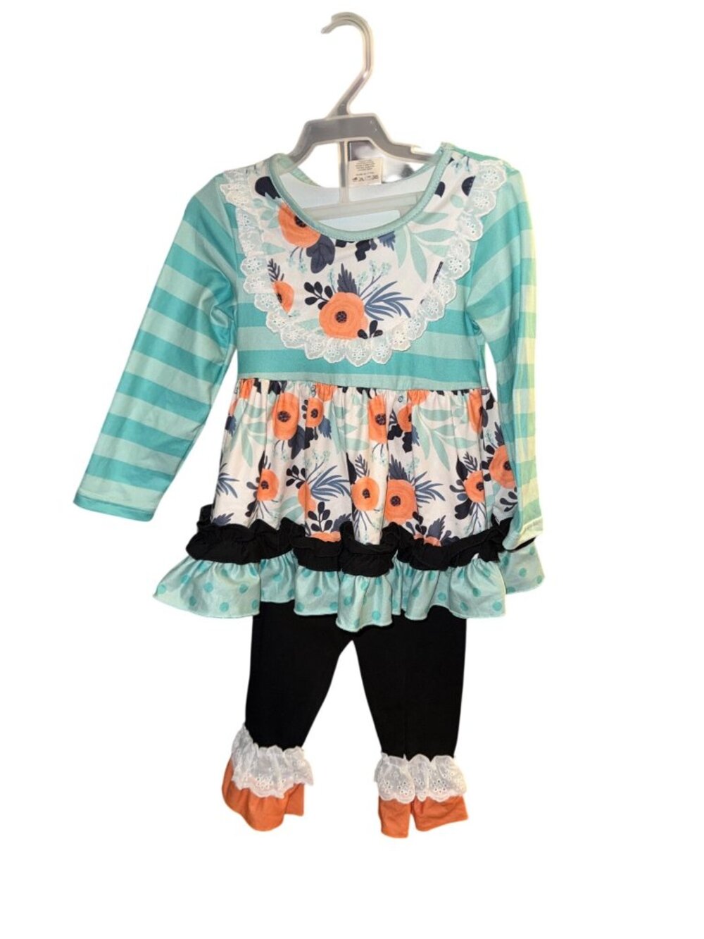 Girls Floral & Striped 2-Piece Outfit With Lace Ruffles - Size 2 - Cotton Blend